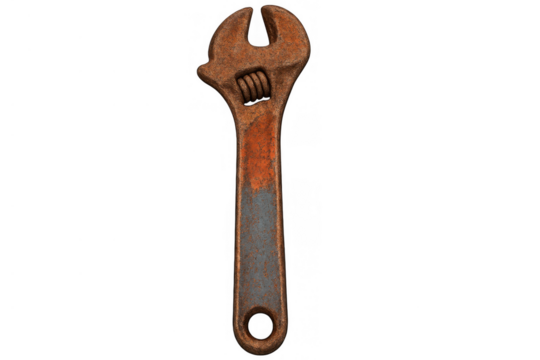 Adjustable wrench tool with rust and aged metal texture, representing repair, work, and maintenance on transparent background - Powered by Adobe