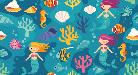 Flat vector seamless mermaid pattern with seashells, coral reefs, fish, and underwater elements in vivid colors. Ideal for girls’ décor, swimwear, fabrics, and magical themes