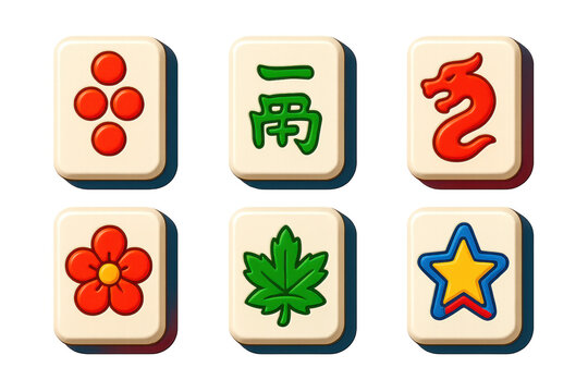 3D Mahjong Icon Set. 3D icon set of mahjong tile categories: number tiles, wind tiles, dragon tiles, flower tiles, season tiles,