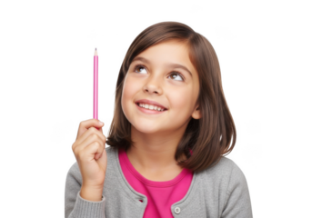 Young girl with brown hair holding a pink pencil looking upwards with a thoughtful expression isolated on transparent background