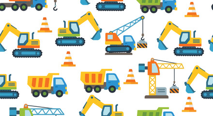 Flat vector seamless pattern with excavators, trucks, cranes, cones, and signs in vivid bold colors. Ideal for boys’ clothing, wallpapers, bedding, and construction themes