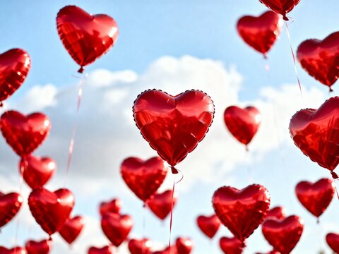 red heart balloons floating in blue sky romantic valentine background