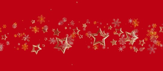 Christmas background with golden stars and snowflakes on a vibrant red background. Perfect for holiday greetings and festive designs. © vegefox.com
