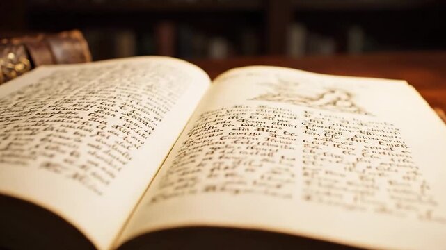 Open Antique Book on Desk - An open antique book rests on a wooden desk, displaying aged pages filled with handwritten text and illustrations.