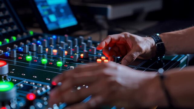Audio mixer studio soundboard engineer control panel colorful lights knob fader recording production with focused mood and vibrant closeup console