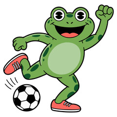Naklejka premium Cartoon frog enjoying playing soccer, with a big smile