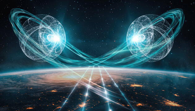 Awe inspiring futuristic concept showing entangled photons exchanging luminous energy in space. quantum physics technology display of powerful connection over earth at night