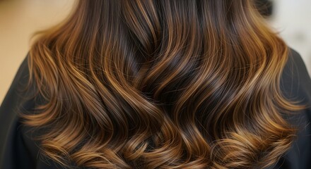 Naklejka premium Beauty Trend: Seamless Warm Balayage on Healthy Long Brunette Tresses