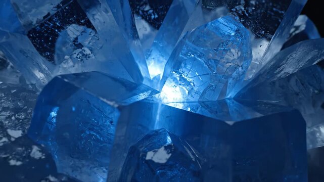 Blue Crystal Formation Close-Up - A close-up shot reveals a cluster of sharp, blue-toned crystals. Light shines from the center of the formation, highlighting the jagged edges and translucent