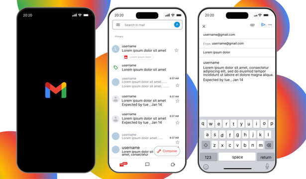 Gmail UI mockup template. Gmail email inbox and message interface design. Gmail user dashboard, compose window, and conversation thread layout. Gmail website and mobile app for online communication.


