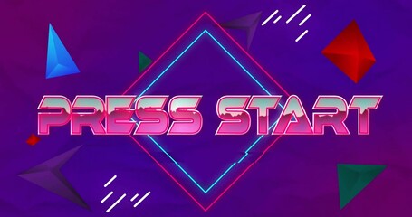 Displaying neon PRESS START title within diamond frame on retro arcade screen, with floating shapes