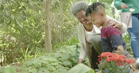 Crouching senior woman and child examining planted bed in backyard, red flowers and watering can