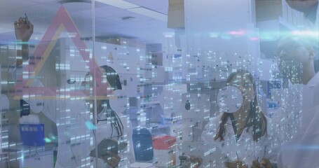 Writing scientists in white lab coats pointing at glass in research lab with caution decal, marker © vectorfusionart