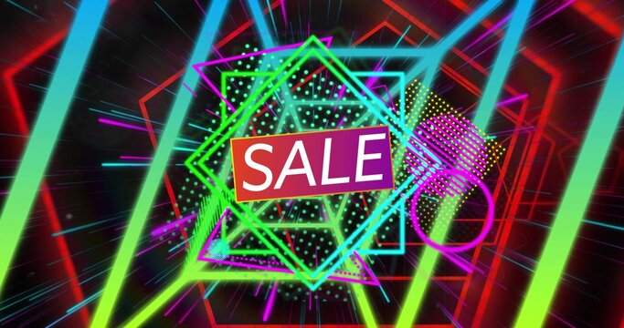 Displaying central red SALE label floating over neon shapes on digital banner, with radial streaks - Powered by Adobe