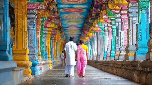 Meenakshi Temple corridor with painted ceilings, pilgrims walking, India, Madurai, temple, architecture, corridor, color, culture, heritage, with copy space