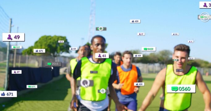 Running center male in neon green bib sprinting across training field, with social-media overlays - Powered by Adobe