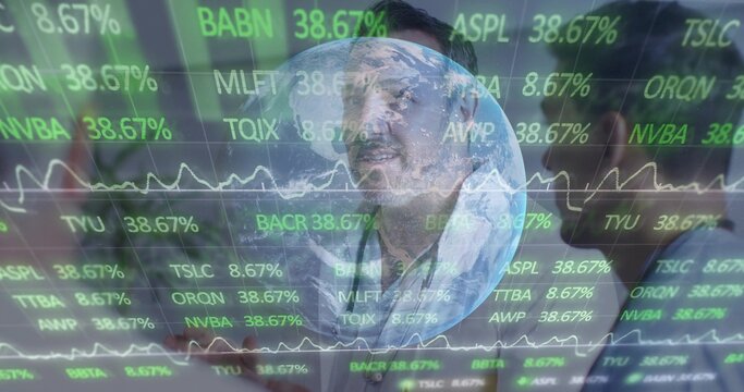 Discussing doctors in lab coats reviewing data at hospital, with globe overlay, ECG and stethoscope