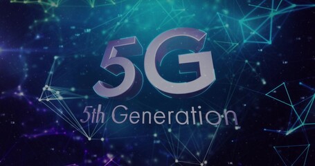 Obraz premium Displaying 3D 5G typography with 5th Generation subtitle centered in virtual space, glowing nodes