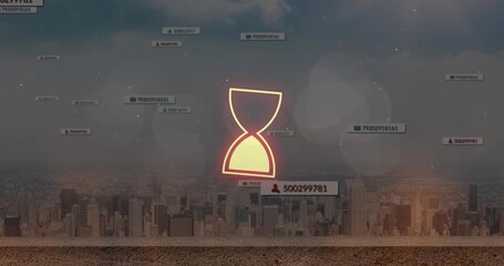 Glowing hourglass icon hovering above rooftop overlooking city skyline, with floating data labels