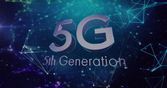 Displaying 3D 5G typography with 5th Generation subtitle centered in virtual space, glowing nodes