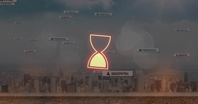 Glowing hourglass icon hovering above rooftop overlooking city skyline, with floating data labels - Powered by Adobe