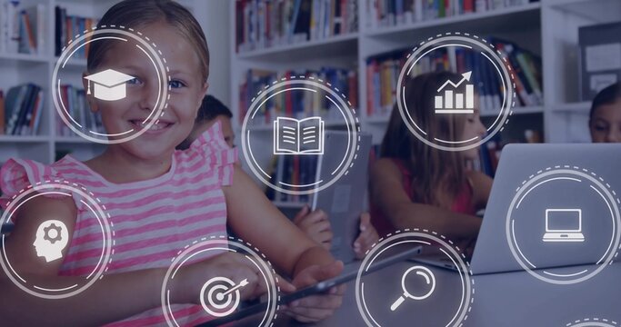 Holding tablet, girl in pink shirt sitting in classroom, bookshelves, boy using laptop, HUD icons