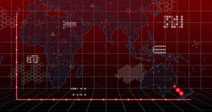 Showing stylized digital map with blue coastlines on virtual dashboard, showing magenta axis nodes - Powered by Adobe