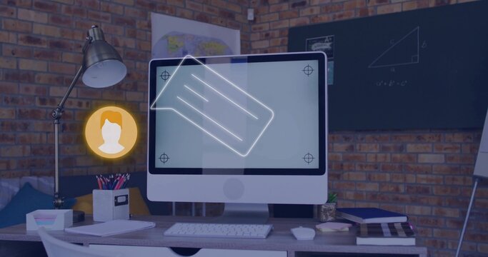 Displaying white all-in-one monitor showing neon icons on brick desk, with keyboard, lamp, board