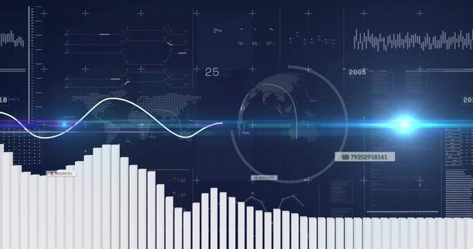 Displaying white vertical bar chart dominating virtual dashboard, showing sine curve and teal flare