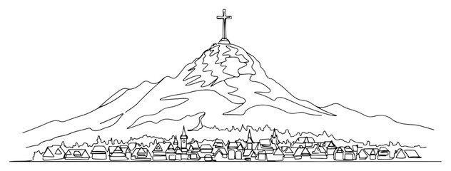 One continuous line drawing of a scenic mountain village European alpine town landscape with a cross on the peak in one line art style vector illustration