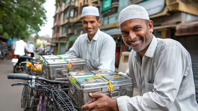 Mumbai dabbawalas loading tiffins onto bicycles, perfect system, India, dabbawala, lunchbox, logistics, Mumbai, work culture, city, efficiency, with copy space