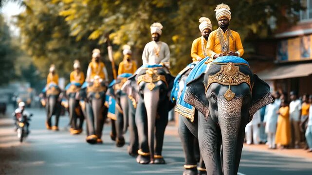 Mysuru Dasara procession, decorated elephants and royal guards, India, Mysore, Dasara, festival, procession, culture, tradition, Karnataka, with copy space