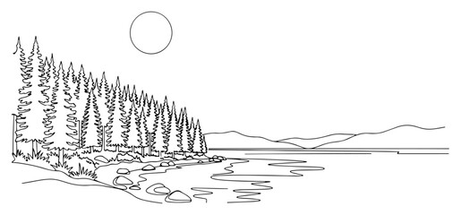 Pine forest on the lake shore at sunrise Continuous one line drawing Nature landscape with trees and water minimalist vector illustration © Wieslaw