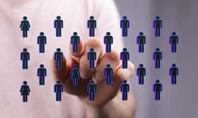 Hand reaching out to connected people icons. Represents community, networking, teamwork, and social media engag