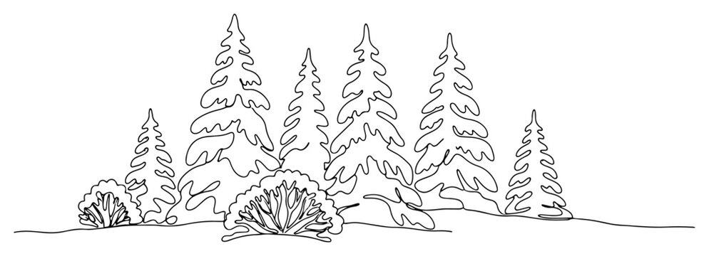 Winter forest landscape with pine trees in one continuous line drawing Vector illustration of a snowy woodland scene for nature or Christmas concept