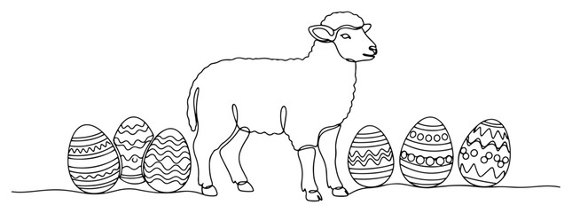 Easter lamb standing with decorated eggs one continuous line drawing. Spring holiday animal vector illustration.