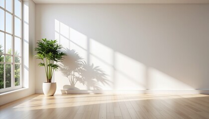 Bright minimalist room with plant and sunlight streaming through window.