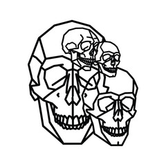 Geometric line art illustration of multiple stylized human skulls, abstract and overlapping, perfect for modern design.