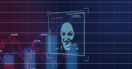 Displaying pixelated profile on dashboard, showing blue and red trends, percent labels, copy space