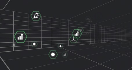 Floating cluster of hexagonal icons drifting through virtual corridor, with neon green outlines
