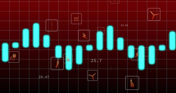 Displaying glowing cyan bars forming data series on dark red grid, with icon badges and numbers