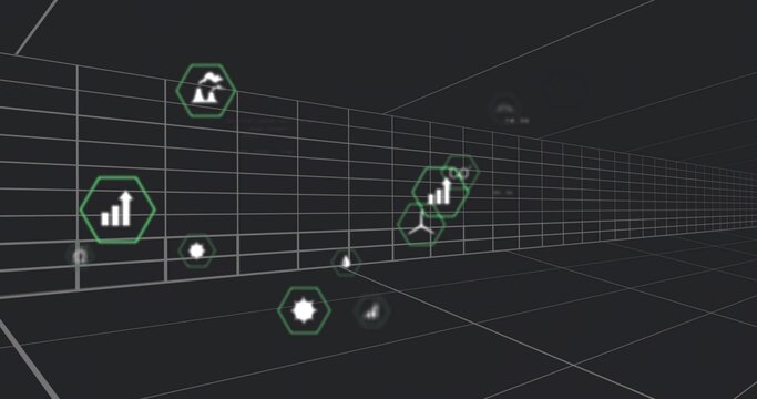 Floating cluster of hexagonal icons drifting through virtual corridor, with neon green outlines - Powered by Adobe