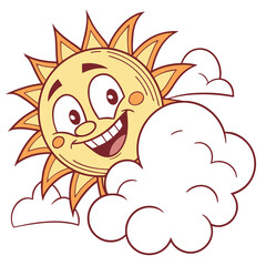Cheerful cartoon sun with wide grin behind white clouds character happy