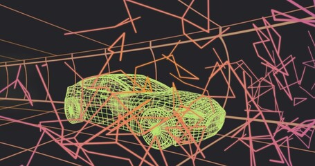 Fototapeta premium Rotating neon-green wireframe car model hovering in virtual studio, with pink magenta angular lines