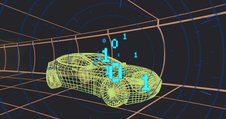 Racing neon-green wireframe car model coursing through digital tunnel, floating cyan binary digits