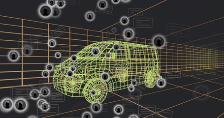 Animating neon 3D wireframe van model floating on orange grid in virtual space, with avatar icons