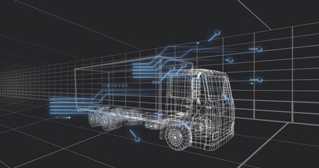 Displaying wireframe truck with wheels, axles rotating inside 3D model grid, neonblue streams