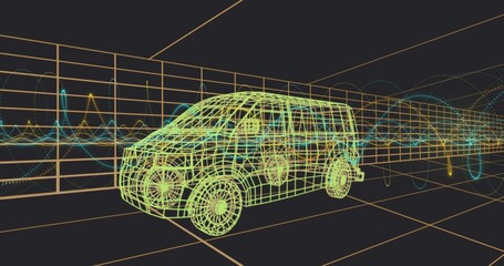 Rendering neon-green wireframe van in 3D model space, showing orange grid floor, cyan or yellow wave