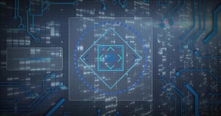 Naklejka premium Showing central holographic reticle rotating on HUD, with circuit traces and progress ring