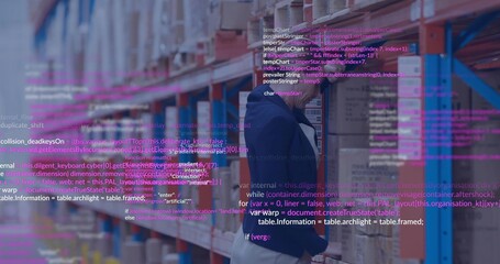 Scanning mature woman in blazer checking warehouse aisle with scanner and AR overlay, copy space